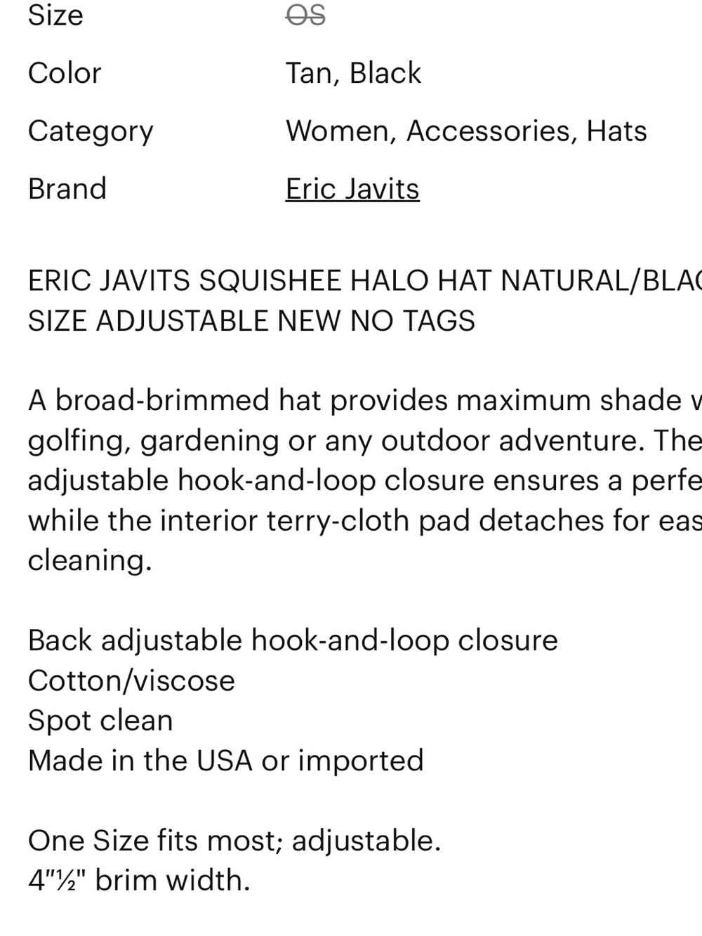 ERIC JAVITS SQUISHEE HALO HAT NATURAL/BLACK ONE SIZE ADJUSTABLE - Picture 13 of 14